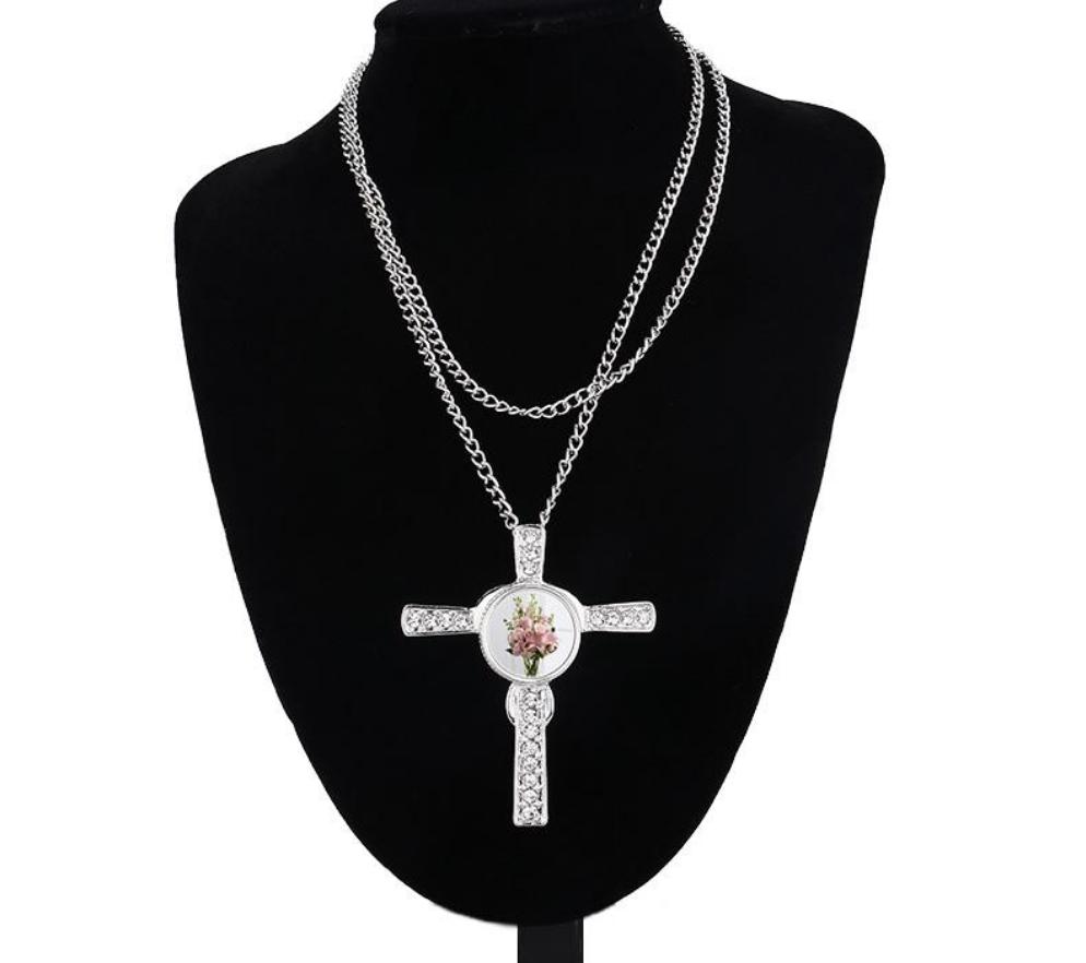Didiseaon Sublimation Blank Picture Necklace Round Rhinestone Cross  Necklace Cross Shaped Pendant Necklace Heat Transfer Rhinestone Necklace  DIY